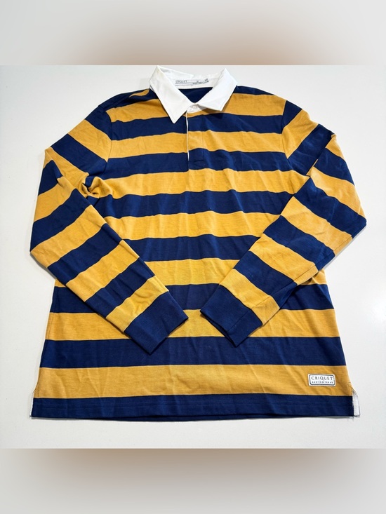 Criquet Other - Criquet Shirt Men Yellow Blue Rugby Striped Polo Long Sleeve Size Medium Classic